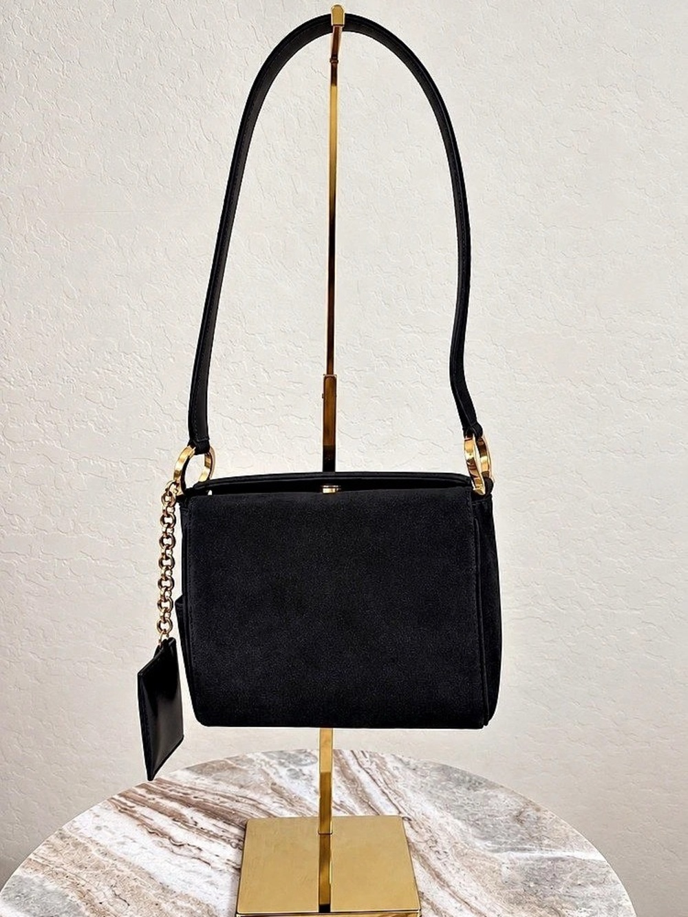 Salvatore Ferragamo Black Suede Shoulder Bag with Gold-Tone Hardware